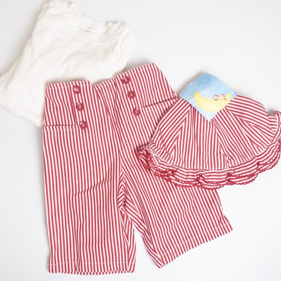 NEW Vintage Y2K Americana Striped Sailor Pant & Hat Set with Bodysuit Red 6-9m - Picture 1 of 11